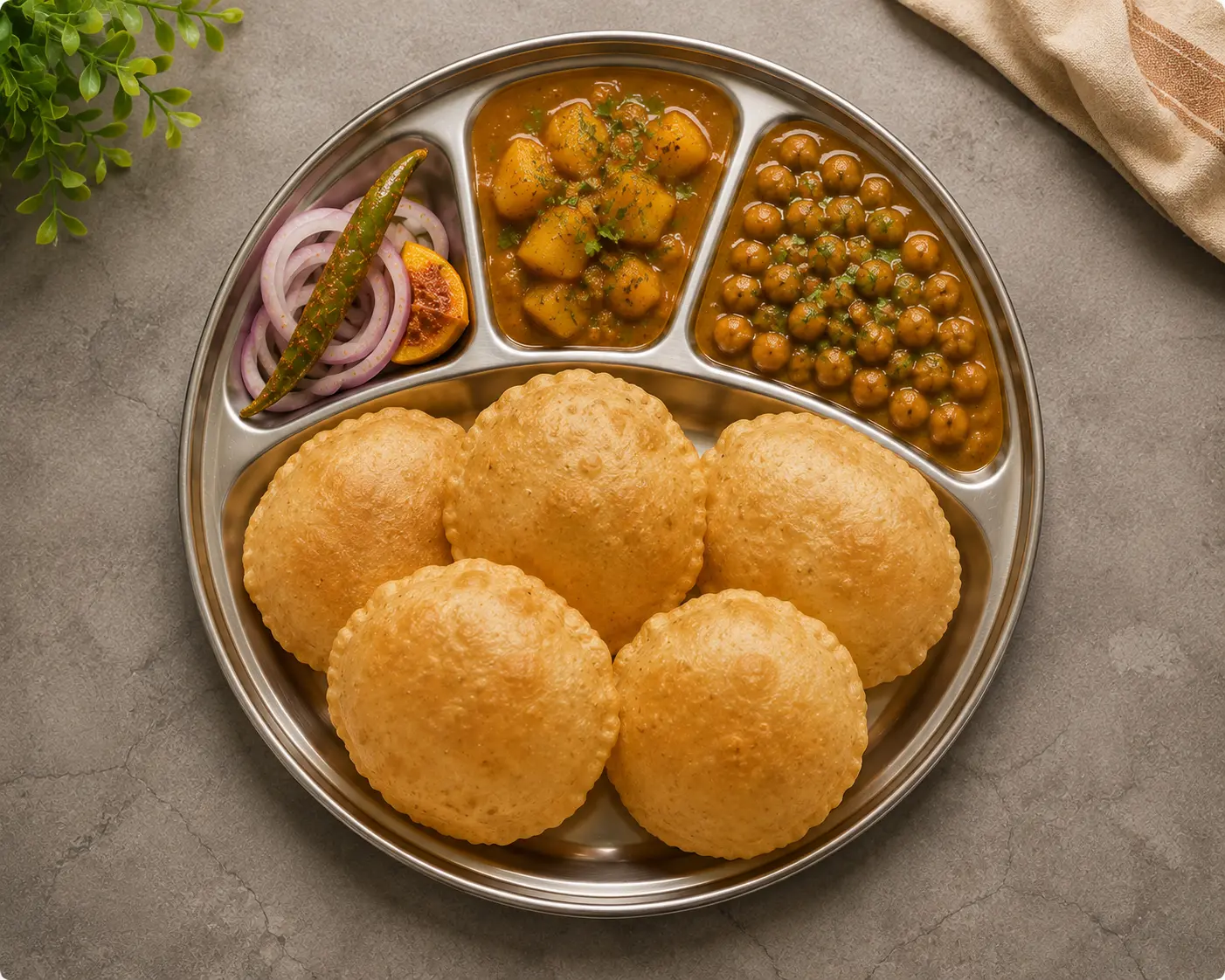 Freshly fried Puri with Aloo Sabzi at Ganga Ram Bhature Wale